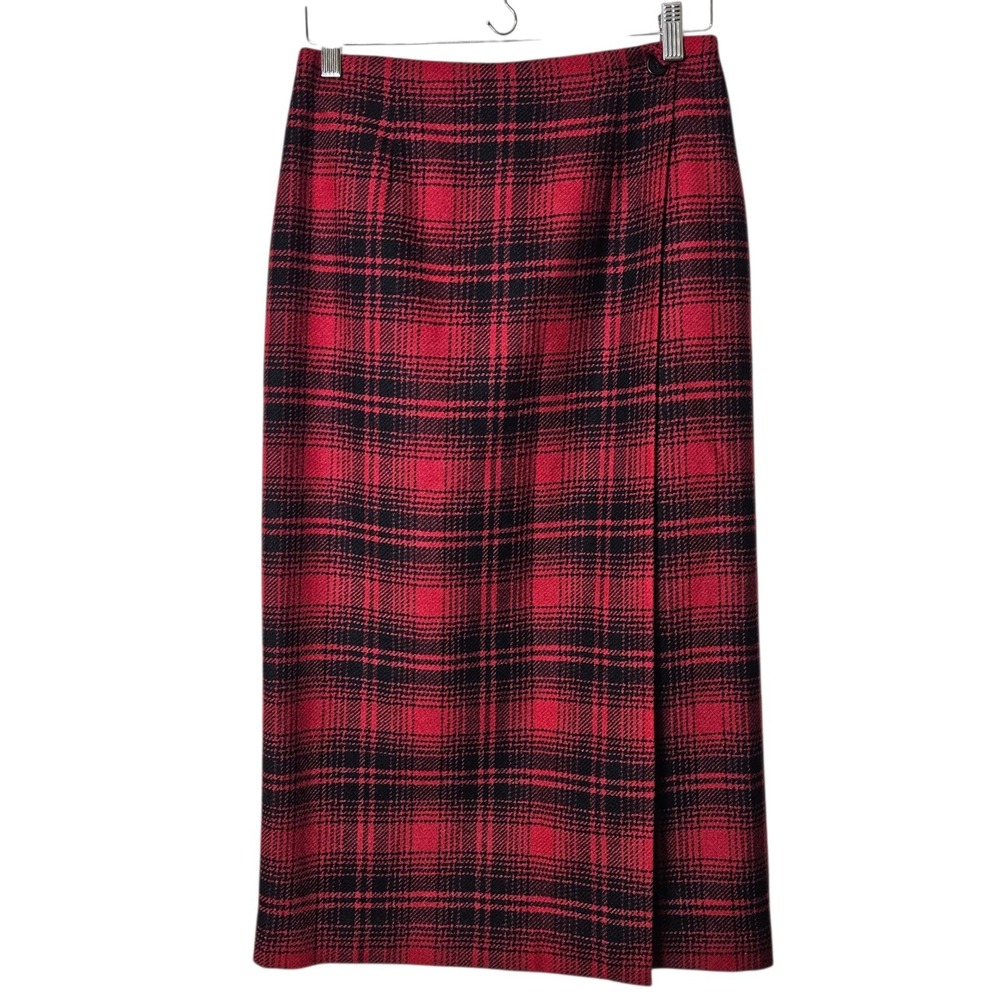 VTG Talbots 8 Petite Wool Plaid Skirt Italian Fabric‎ Red Black Academia Preppy